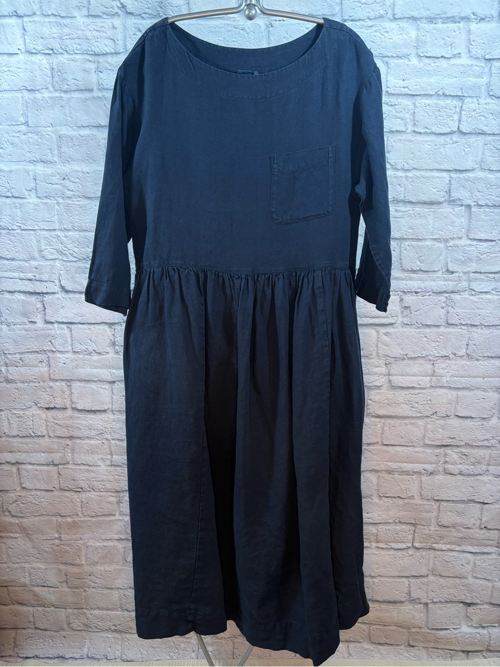 Toast Relaxed Navy Blue Midi Dress with Gathered Waist, Chest & Side Pockets S